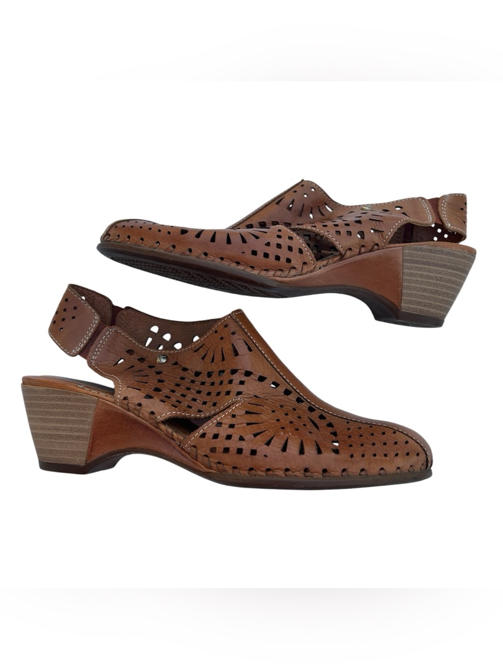 Pikolinos Leather Cutout Slingback Heels Brown Tan Size 38 US 7 Comfort Shoes